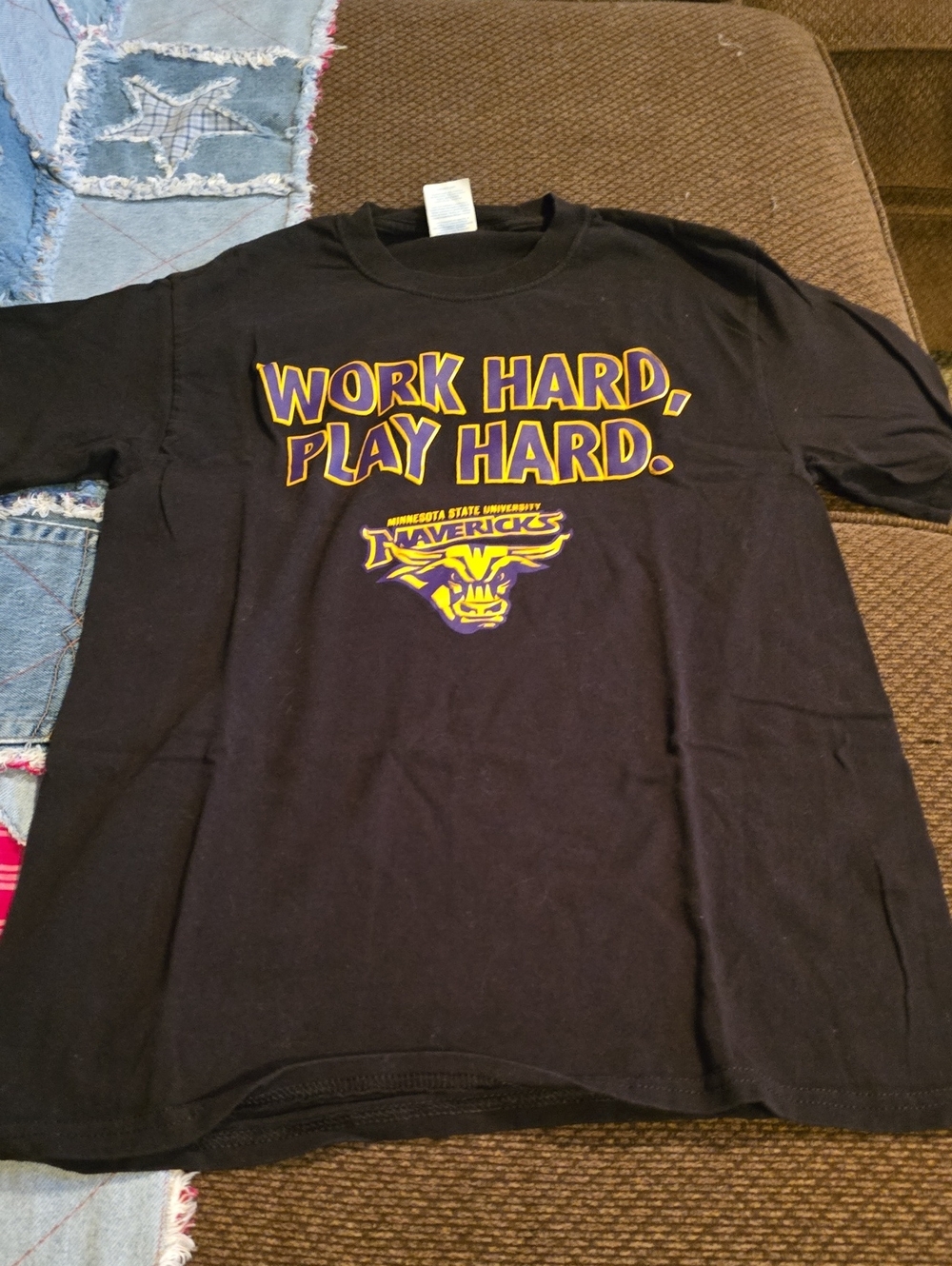 Work Hard Play Hard Black T‑Shirt with Yellow/Purple Logo